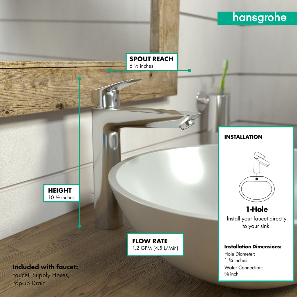 HANSGROHE 71090001 Logis Single-Hole Faucet 190 with Pop-Up Drain, 1.2 GPM - Chrome