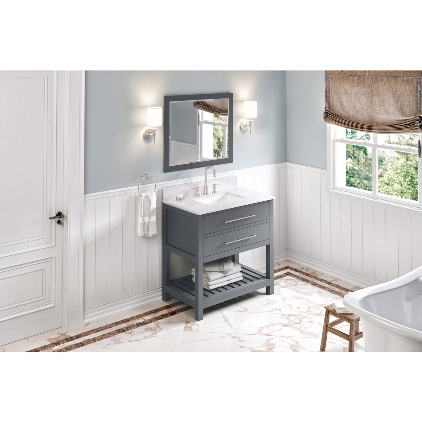 JEFFREY ALEXANDER VKITWAV36GRWCR 36" Grey Wavecrest Vanity, White Carrara Marble Vanity Top, undermount rectangle bowl - Grey