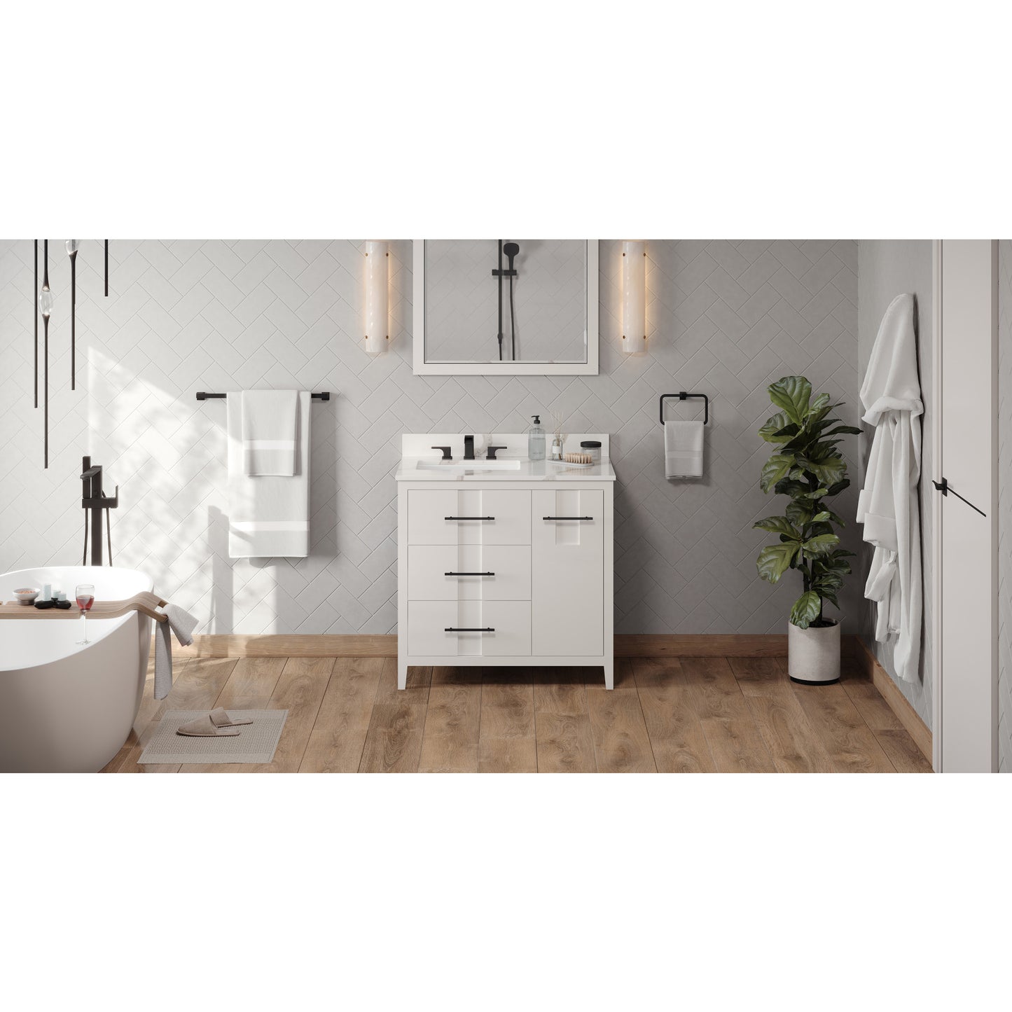 JEFFREY ALEXANDER VKITKAT36WHCQR 36" White Katara Vanity, left offset, Calacatta Vienna Quartz Vanity Top, undermount rectangle bowl , White