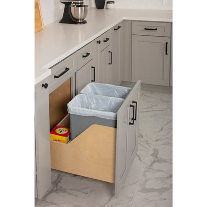 HARDWARE RESOURCES CDM-WBMD3521G Double 35 Quart Wood Bottom-Mount Soft-close Trashcan Rollout for Door Mounting, Includes Two Grey Cans and Door Joining Bracket - Grey