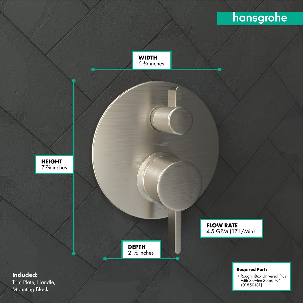 HANSGROHE 04447820 Ecostat Pressure Balance Trim S with Diverter - Brushed Nickel