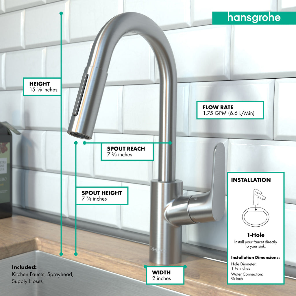 HANSGROHE 04506801 Focus Prep Kitchen Faucet, 2-Spray Pull-Down, 1.75 GPM - Stainless Steel Optic