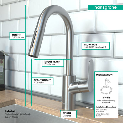 HANSGROHE 04506801 Focus Prep Kitchen Faucet, 2-Spray Pull-Down, 1.75 GPM - Stainless Steel Optic