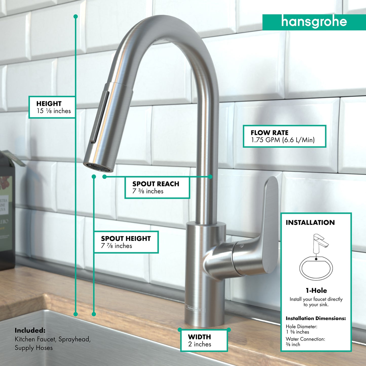 HANSGROHE 04506801 Stainless Steel Optic Focus Modern Kitchen Faucet 1.75 GPM