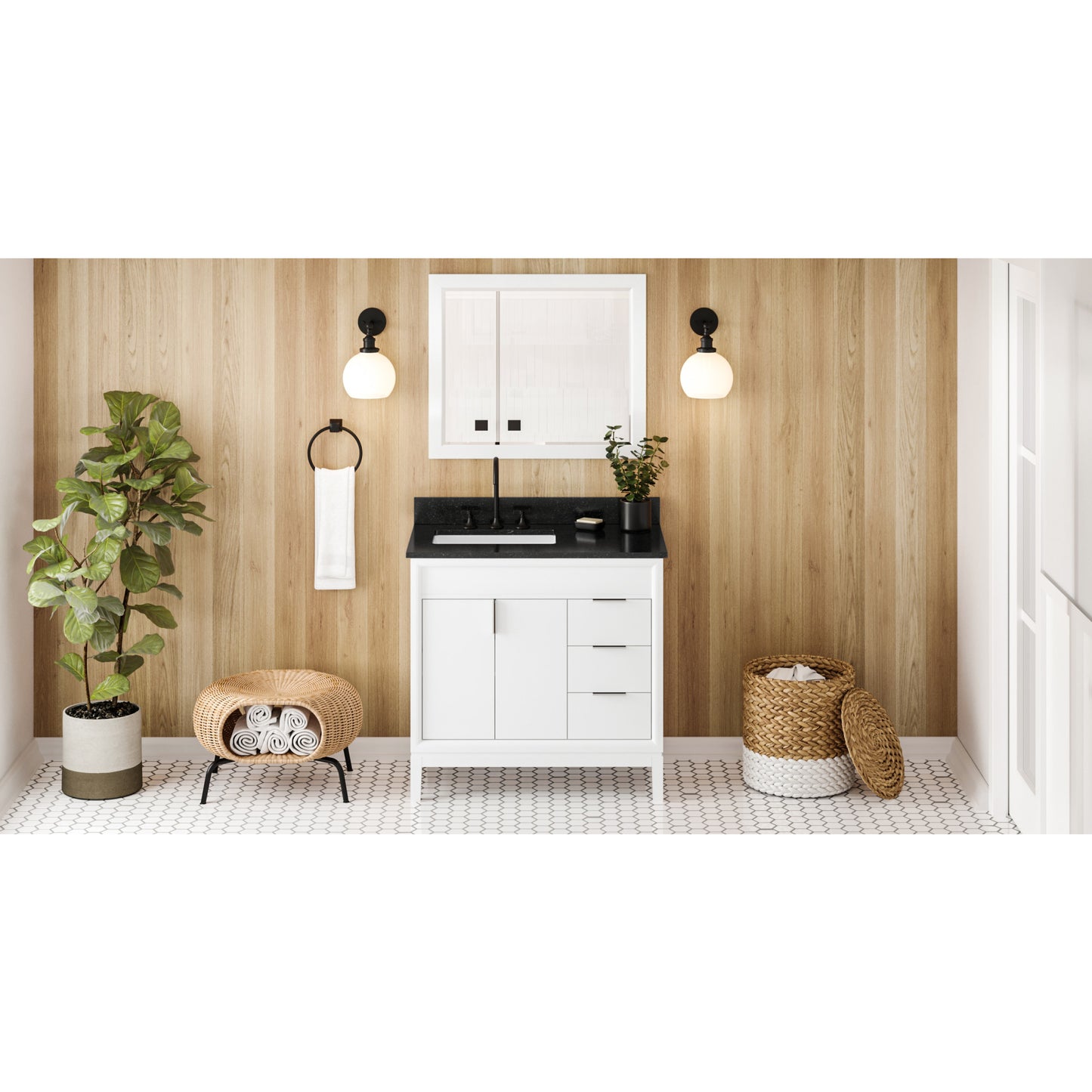 JEFFREY ALEXANDER VKITTHE36WHBGR 36" White Theodora Vanity, left offset, Black Granite Vanity Top, undermount rectangle bowl , White