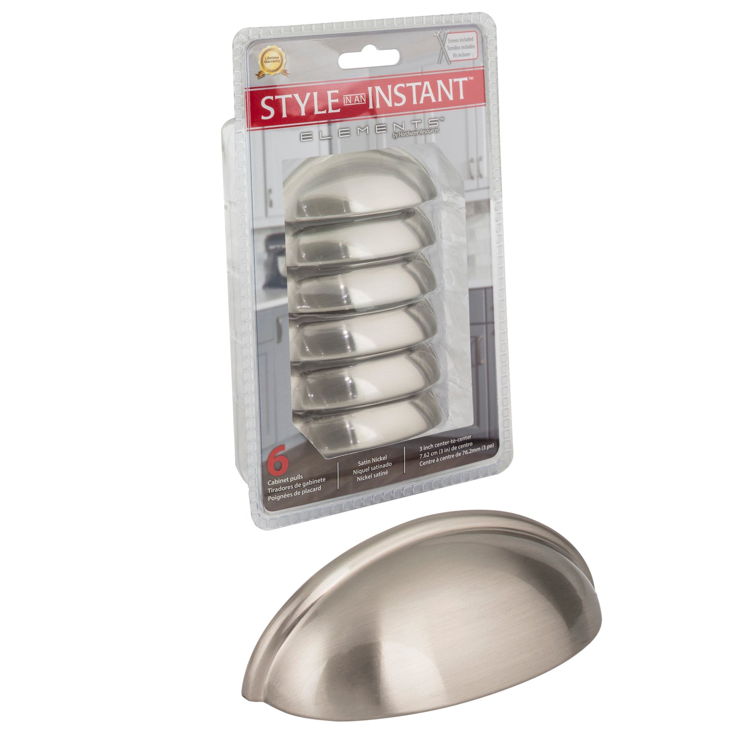 ELEMENTS 2981SN-R Retail Pack Hardware 3" Center-to-Center Cup/Bin Pull , Satin Nickel