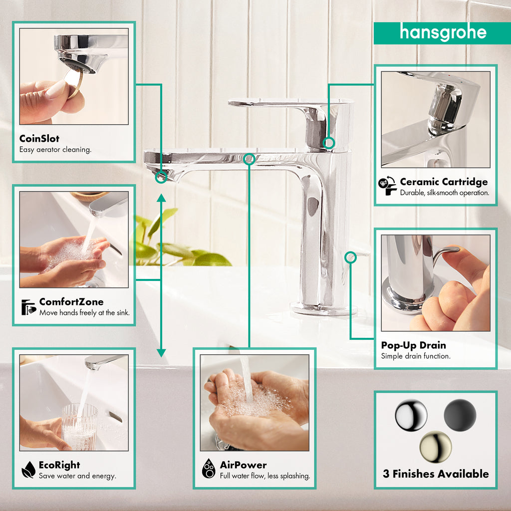 HANSGROHE 72517001 Rebris S Single-Hole Faucet 110 with Pop-Up Drain, 1.2 GPM - Chrome
