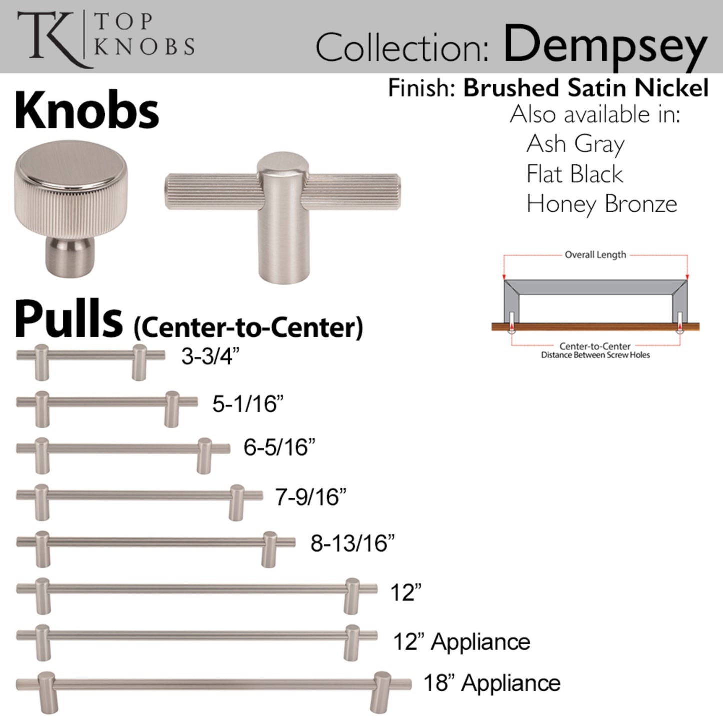 TOP KNOBS TK3251BSN Dempsey 2 1/2" Length Bar Knob - Brushed Satin Nickel