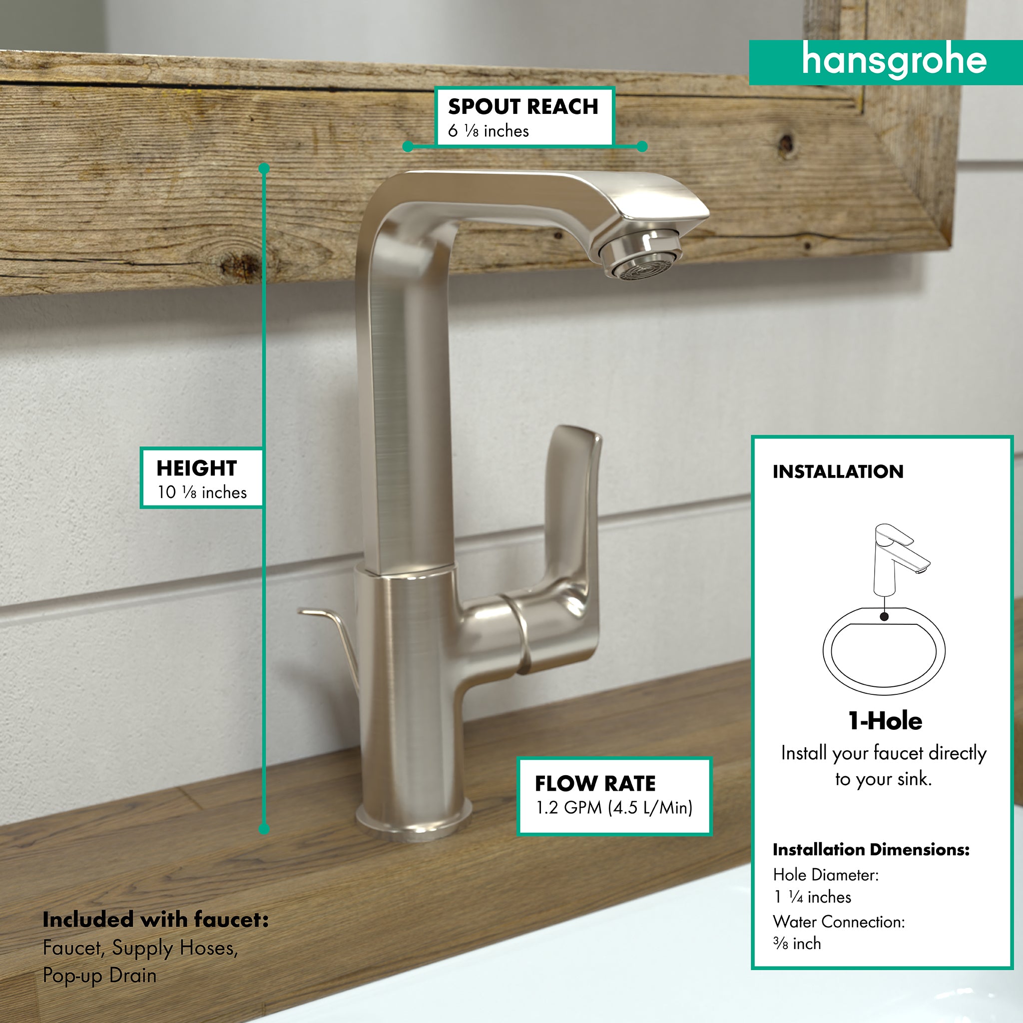 HANSGROHE 31087821 Metris Single-Hole Faucet 230 with Swivel Spout and Pop-Up Drain, 1.2 GPM - Brushed Nickel