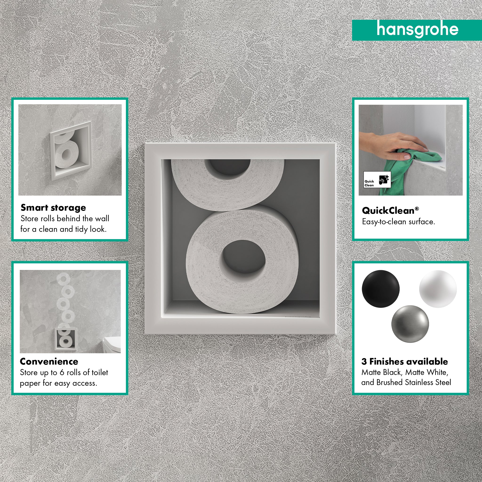 HANSGROHE 56058700 XtraStoris Original Recessed Toilet Paper Holder with Storage & Tileable Door - Matte White