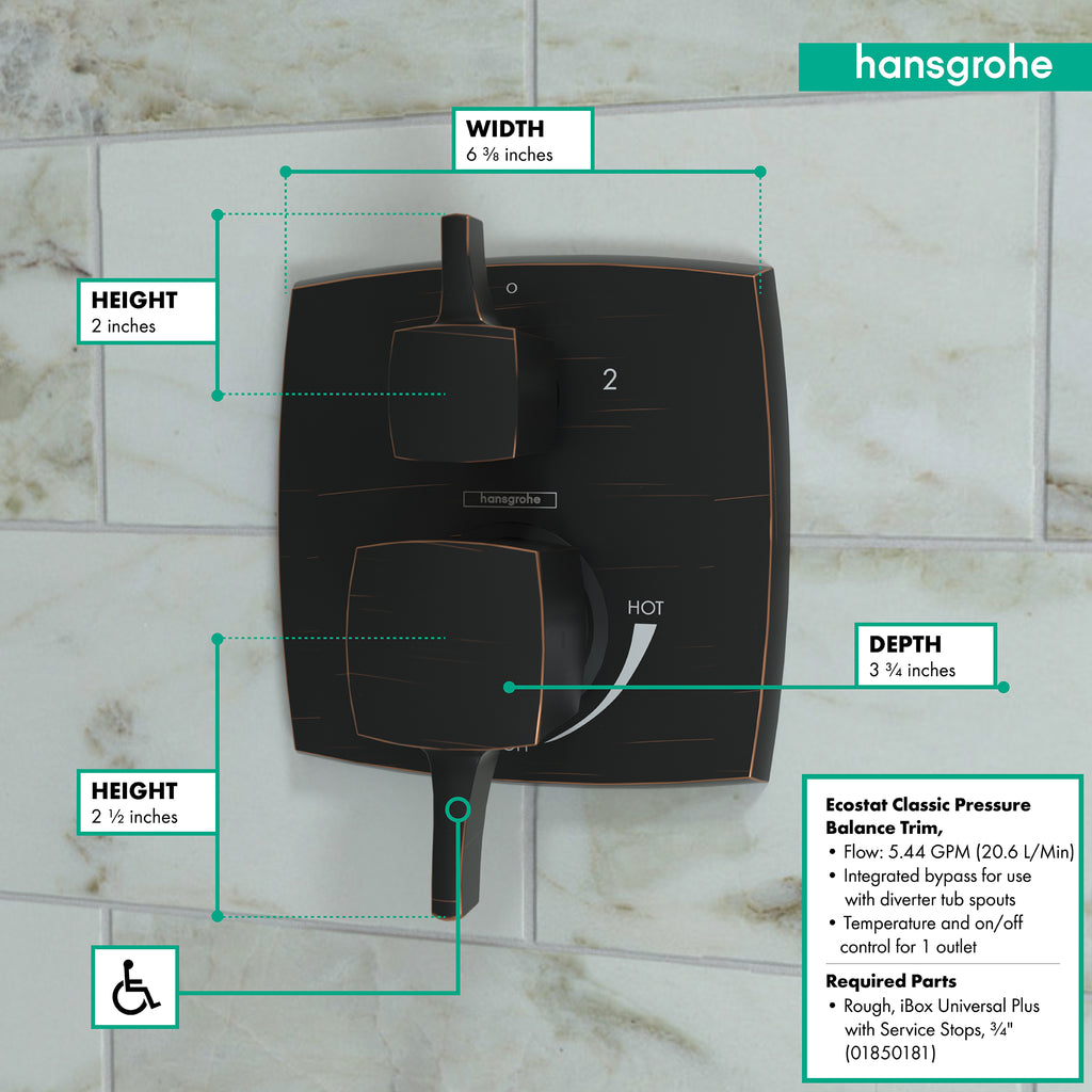 HANSGROHE 15865921 Ecostat Classic Pressure Balance Trim Classic Square with Diverter - Rubbed Bronze