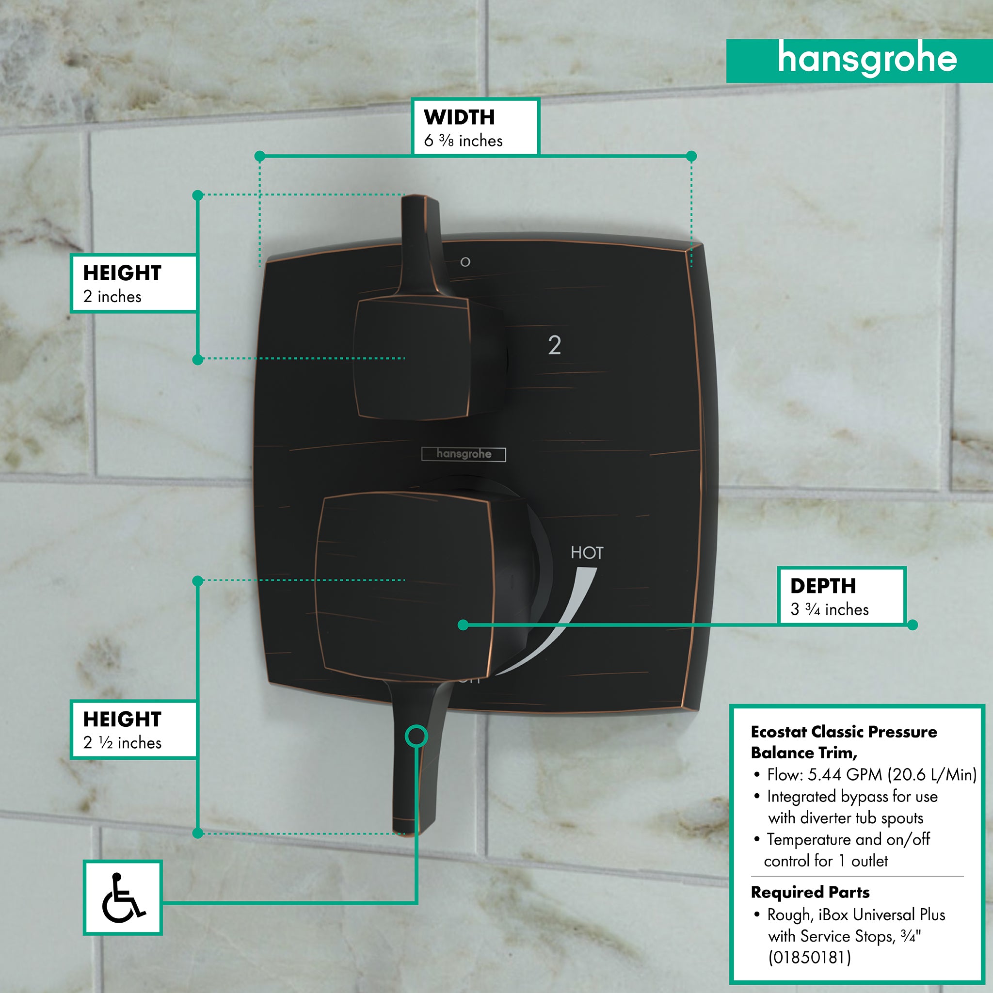 HANSGROHE 15865921 Ecostat Classic Pressure Balance Trim Classic Square with Diverter - Rubbed Bronze
