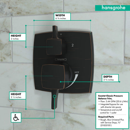 HANSGROHE 15865921 Ecostat Classic Pressure Balance Trim Classic Square with Diverter - Rubbed Bronze