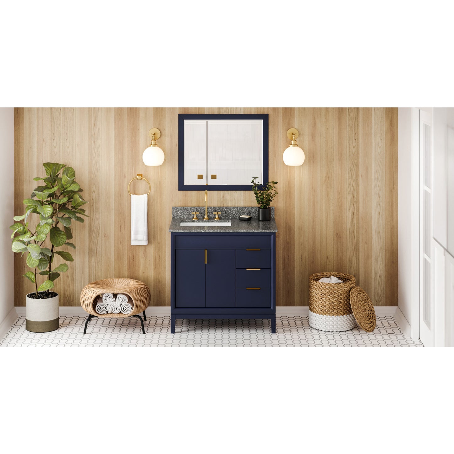 JEFFREY ALEXANDER VKITTHE36BLBOR 36" Hale Blue Theodora Vanity, left offset, Boulder Vanity Cultured Marble Vanity Top, undermount rectangle bowl , Hale Blue