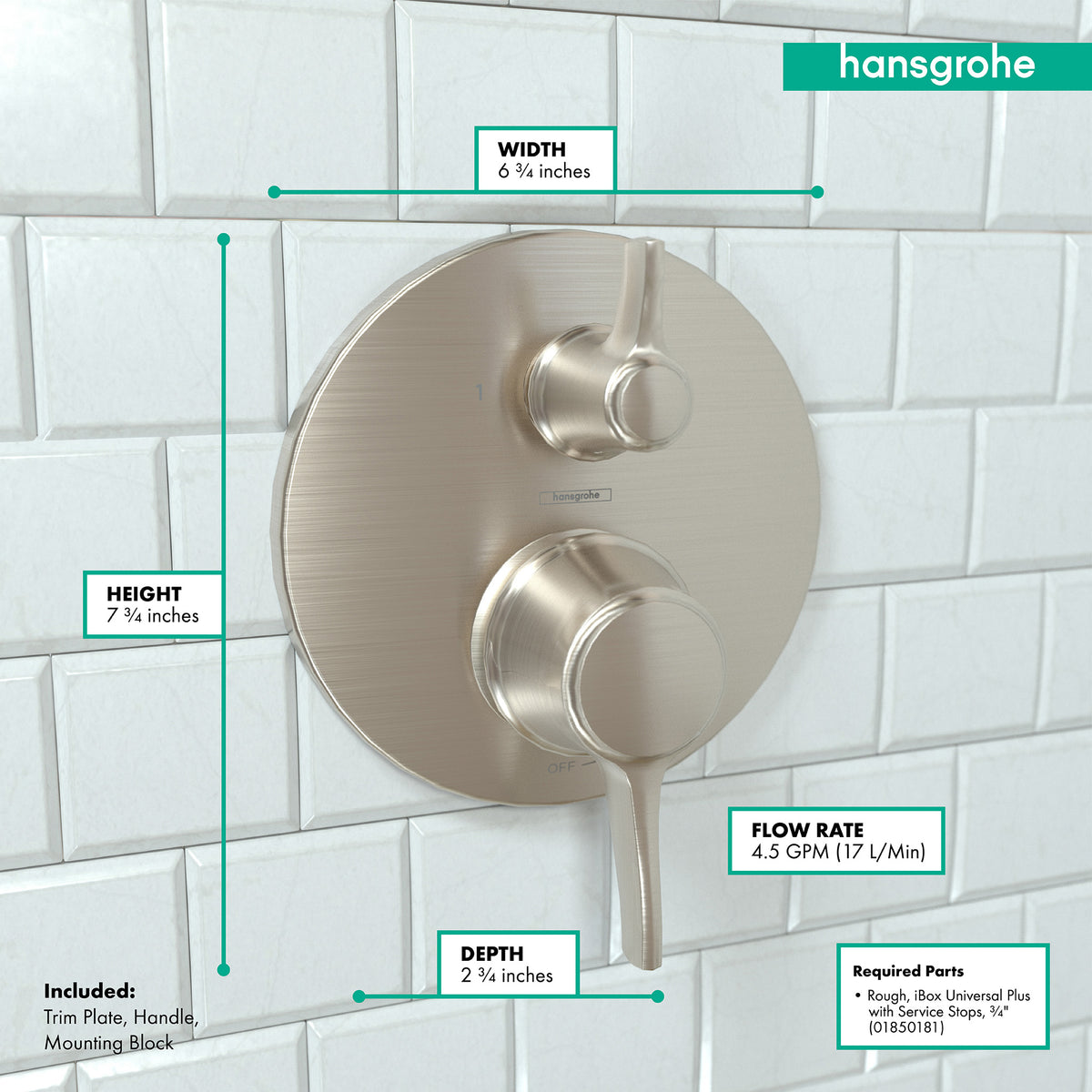 HANSGROHE 04449820 Ecostat Classic Pressure Balance Trim with Diverter, Round - Brushed Nickel