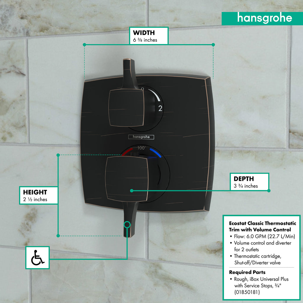 HANSGROHE 15728921 Ecostat Classic Thermostatic Trim with Volume Control and Diverter, Square - Rubbed Bronze