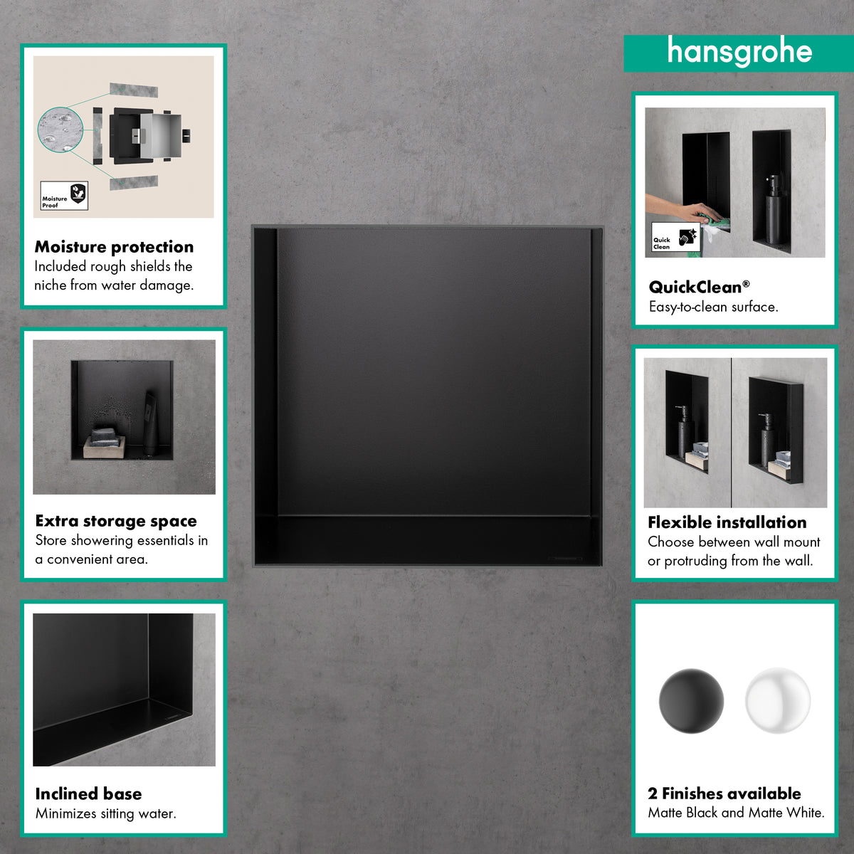 HANSGROHE 56079670 XtraStoris Minimalistic Wall Niche with Open Frame 12"x 12"x 5.5" - Matte Black