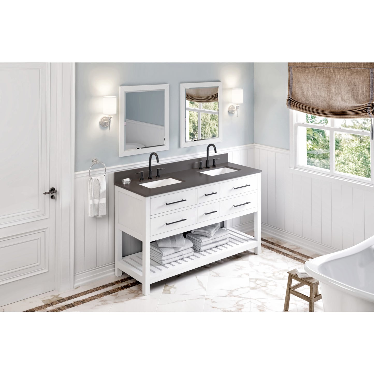 JEFFREY ALEXANDER VN2WAV-60-WH-NT 60" White Wavecrest Vanity, double bowl - White