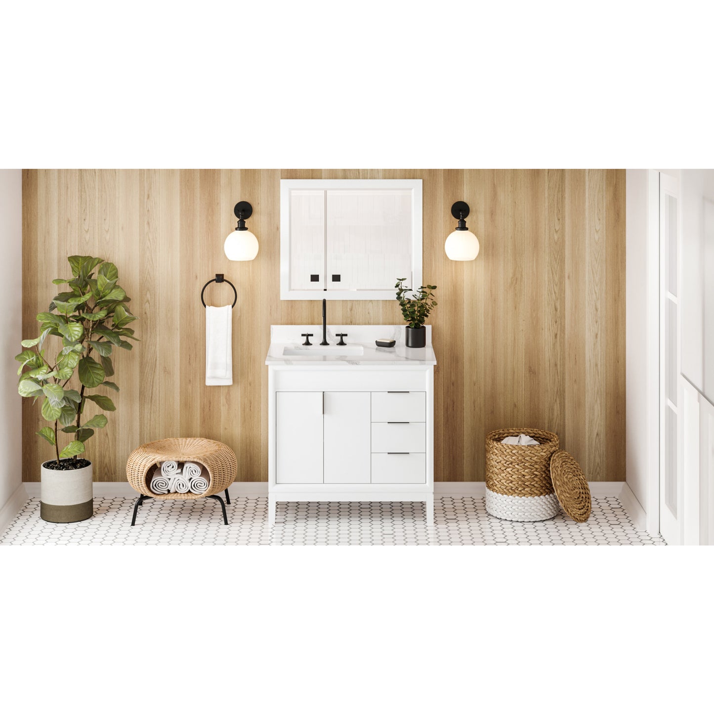 JEFFREY ALEXANDER VKITTHE36WHCQR 36" White Theodora Vanity, left offset, Calacatta Vienna Quartz Vanity Top, undermount rectangle bowl , White