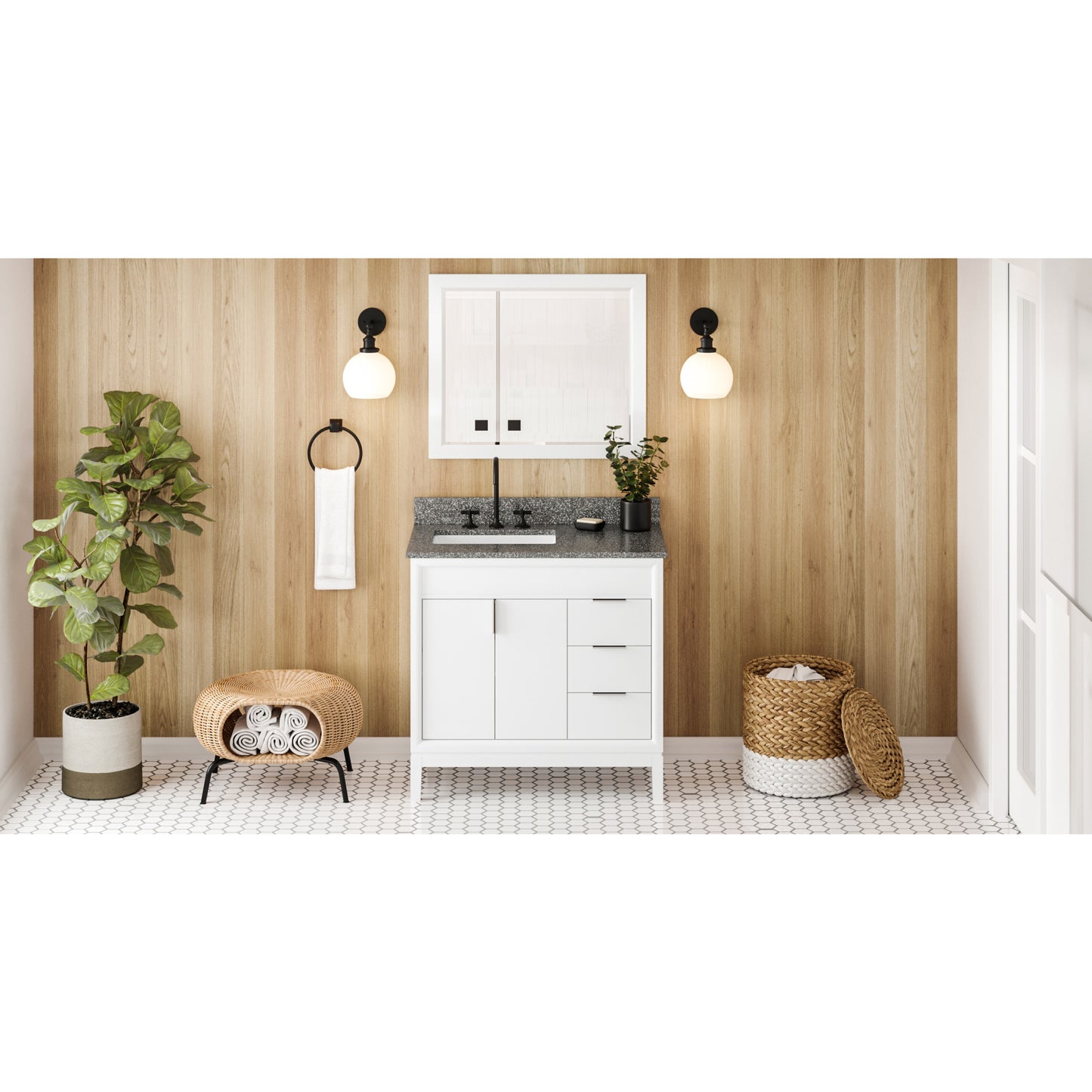 JEFFREY ALEXANDER VKITTHE36WHBOR 36" White Theodora Vanity, left offset, Boulder Vanity Cultured Marble Vanity Top, undermount rectangle bowl , White