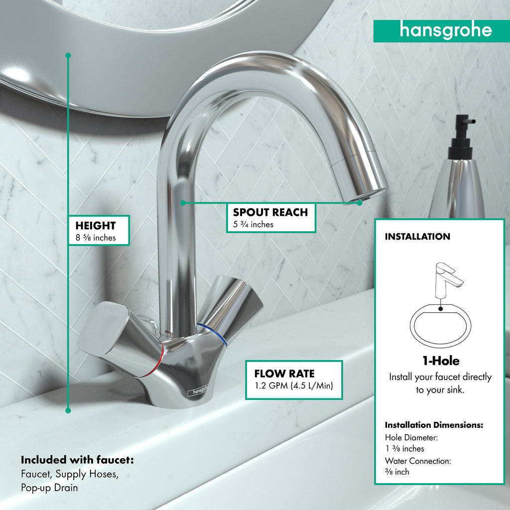 HANSGROHE 71222001 Logis Single-Hole Faucet 150 with Swivel Spout and Pop-Up Drain, 1.2 GPM - Chrome