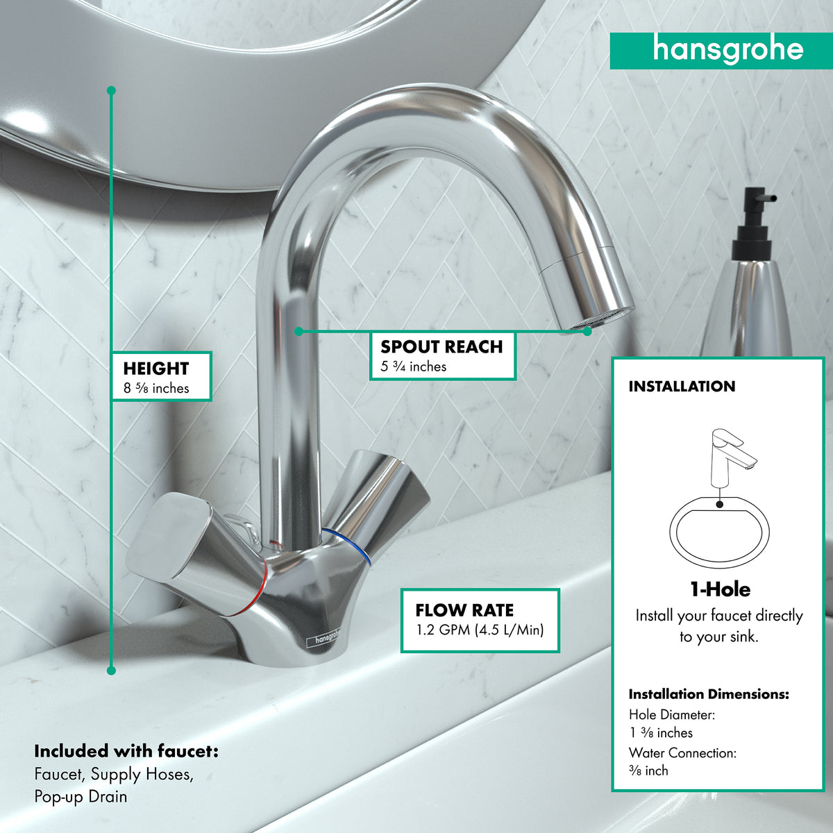 HANSGROHE 71222001 Logis Single-Hole Faucet 150 with Swivel Spout and Pop-Up Drain, 1.2 GPM - Chrome