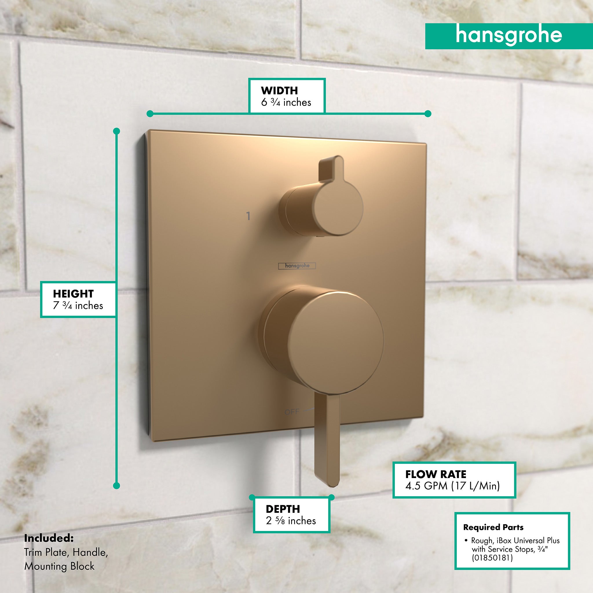 HANSGROHE 15862141 Ecostat Pressure Balance Trim Square with Diverter - Brushed Bronze