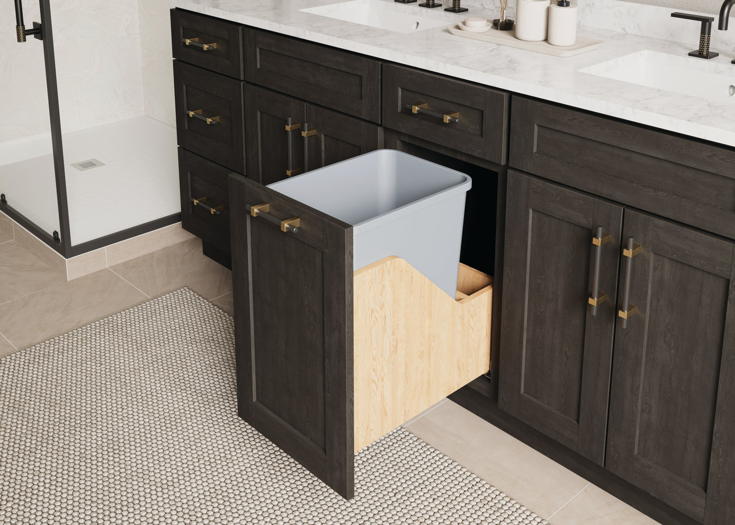 HARDWARE RESOURCES CAN-WBMS35VG Single 35 Quart Wood Bottom-Mount Soft-close Vanity Trashcan Rollout for Hinged Doors, Includes One Grey Can - Grey