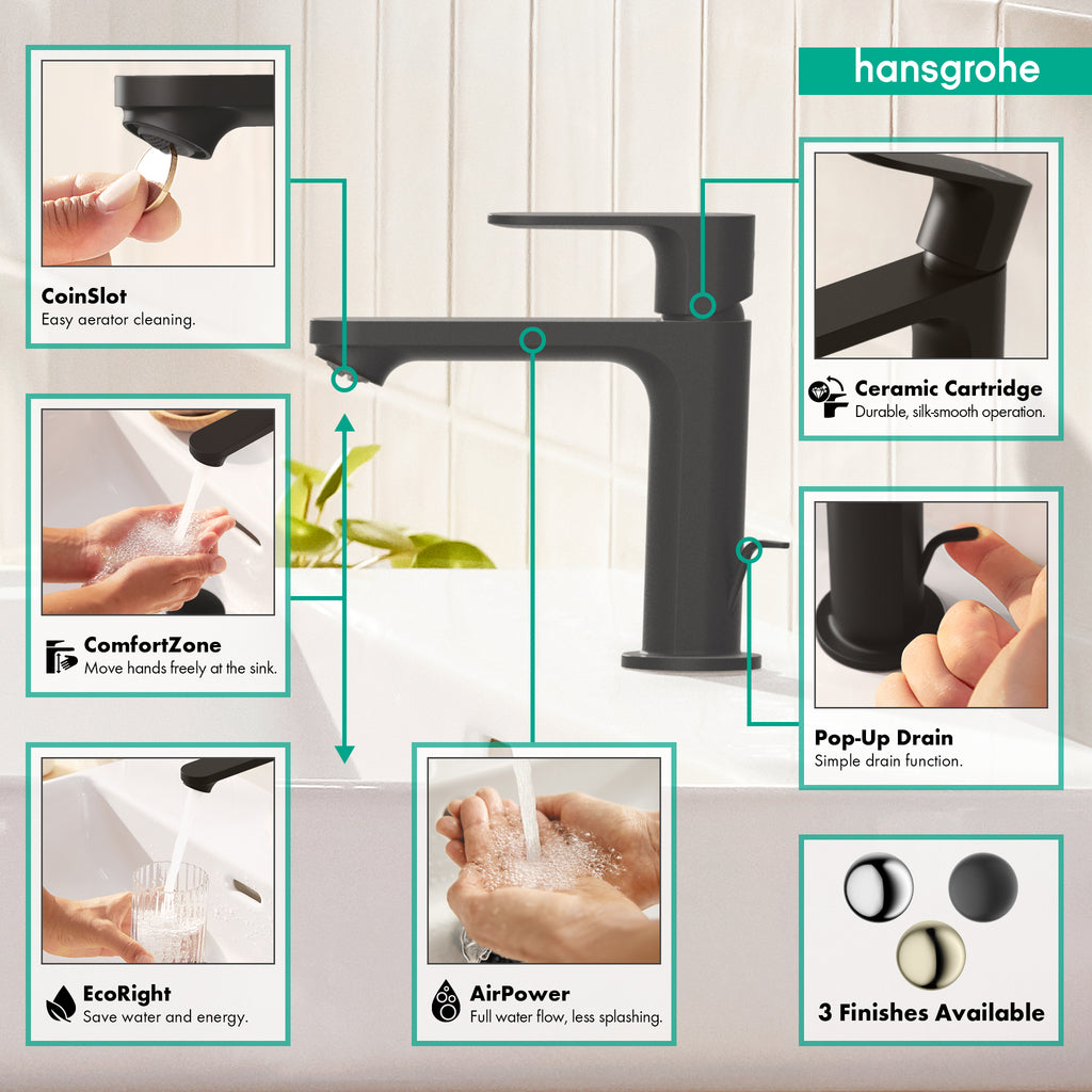 HANSGROHE 72517671 Rebris S Single-Hole Faucet 110 with Pop-Up Drain, 1.2 GPM - Matte Black