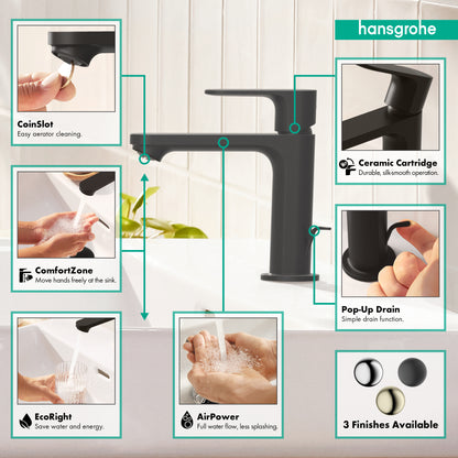 HANSGROHE 72517671 Rebris S Single-Hole Faucet 110 with Pop-Up Drain, 1.2 GPM - Matte Black