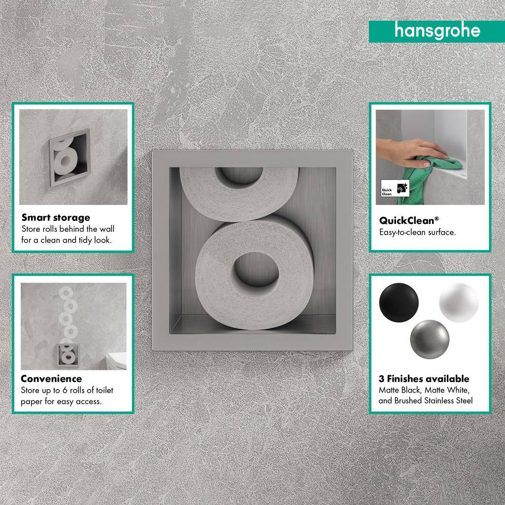 HANSGROHE 56058800 XtraStoris Original Recessed Toilet Paper Holder with Storage & Tileable Door - Brushed Stainless Steel