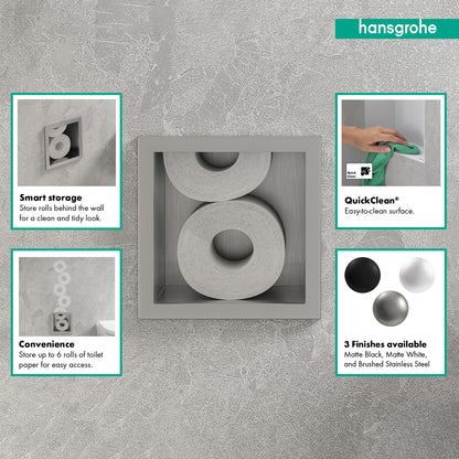 HANSGROHE 56058800 XtraStoris Original Recessed Toilet Paper Holder with Storage & Tileable Door - Brushed Stainless Steel