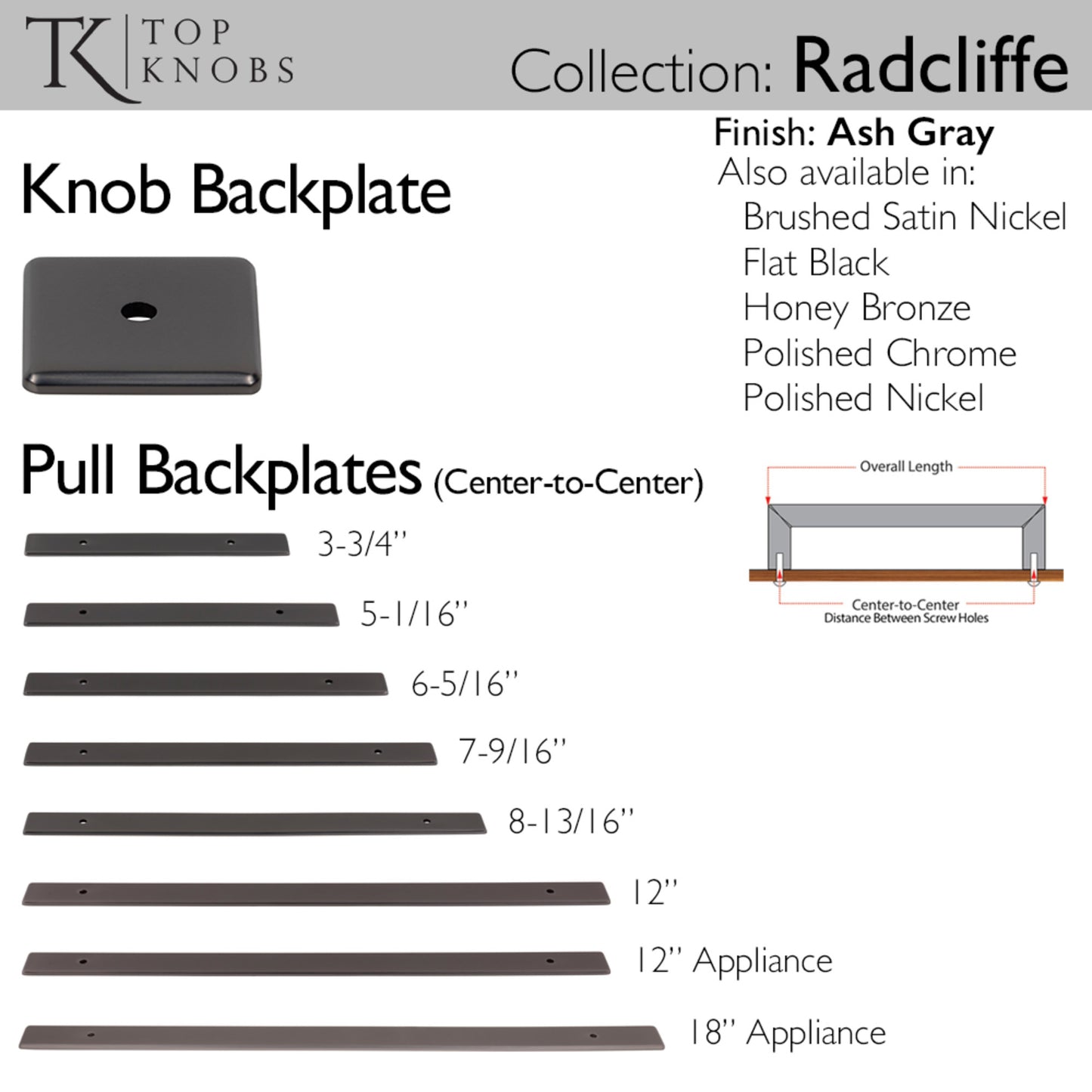 TOP KNOBS TK3284AG Radcliffe Pull Backplate - Ash Gray