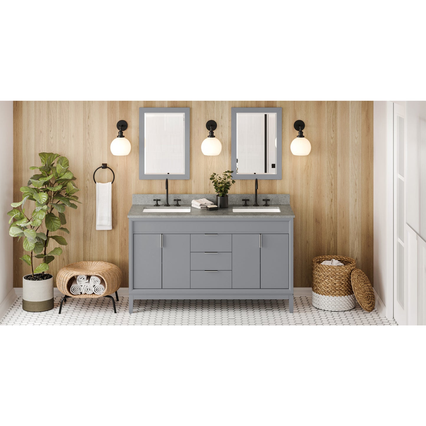 JEFFREY ALEXANDER VKITTHE60GRSGR 60" Grey Theodora Vanity, double bowl, Steel Grey Cultured Marble Vanity Top, two undermount rectangle bowls , Grey