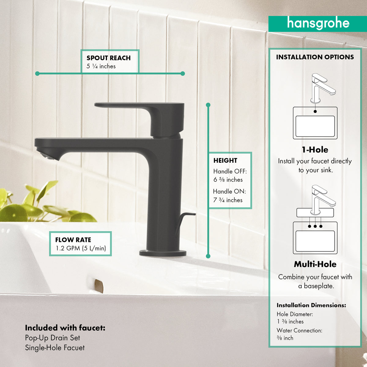 HANSGROHE 72517671 Rebris S Single-Hole Faucet 110 with Pop-Up Drain, 1.2 GPM - Matte Black