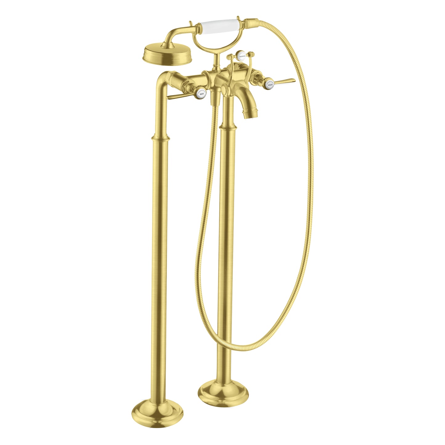 AXOR Montreux 2-Handle Freestanding Tub Filler Trim with Lever Handles and 1.8 GPM Handshower in Brushed Gold Optic