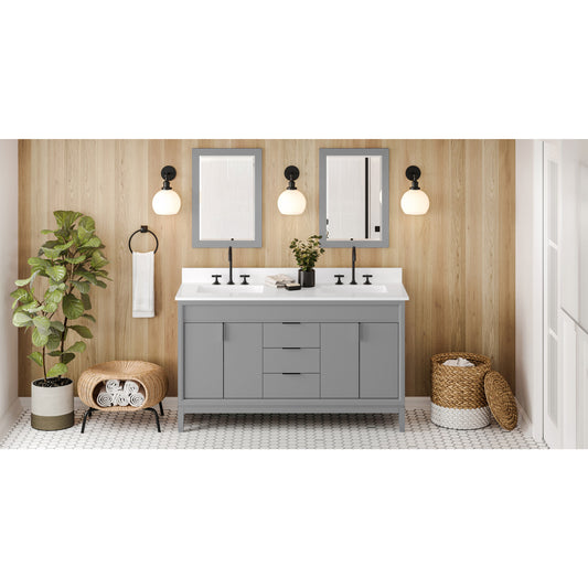 JEFFREY ALEXANDER VKITTHE60GRWQR 60" Grey Theodora Vanity, double bowl, White Quartz Vanity Top, two undermount rectangle bowls - Grey