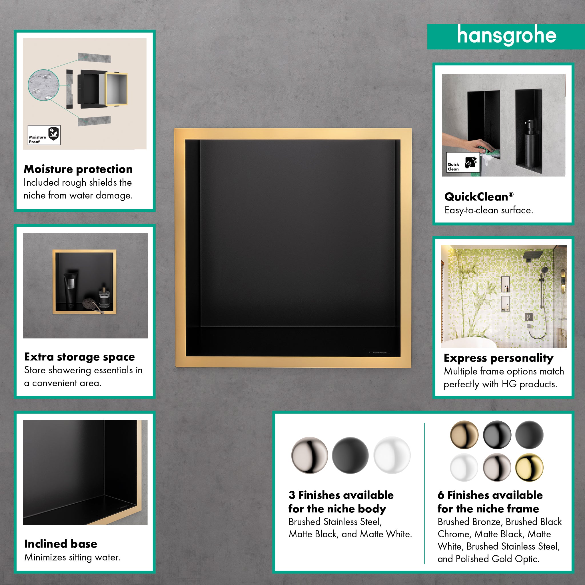 HANSGROHE 56098990 XtraStoris Individual Wall Niche Matte Black with Design Frame 12"x 12"x 4" - Polished Gold Optic
