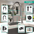 HANSGROHE 73837341 Aquno Select HighArc Kitchen Faucet, 3-Spray Pull-Down, 1.75 GPM - Brushed Black Chrome