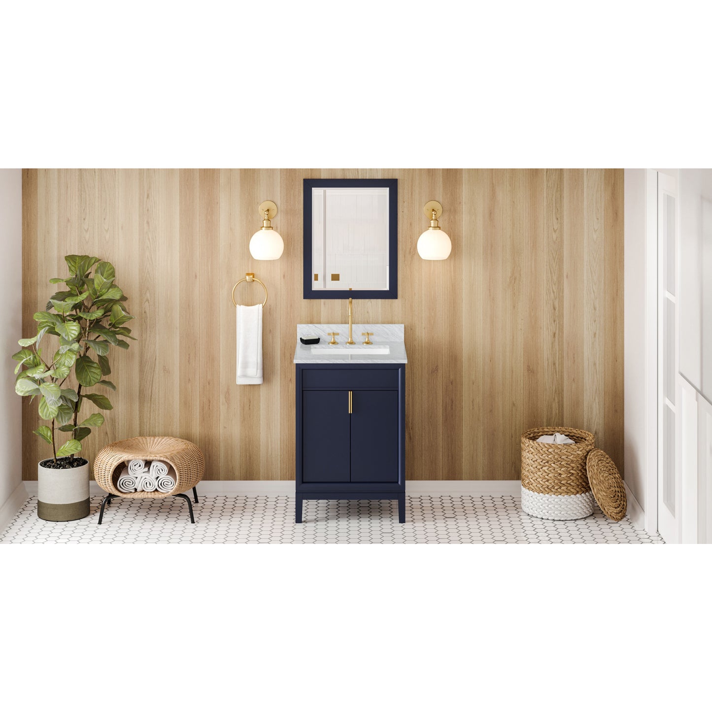 JEFFREY ALEXANDER VKITTHE24BLWCR 24" Hale Blue Theodora Vanity, White Carrara Marble Vanity Top, undermount rectangle bowl , Hale Blue