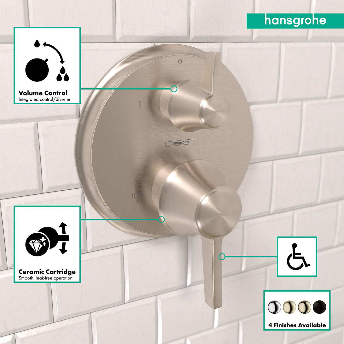 HANSGROHE 15752821 Ecostat Classic Thermostatic Trim with Volume Control, Round - Brushed Nickel