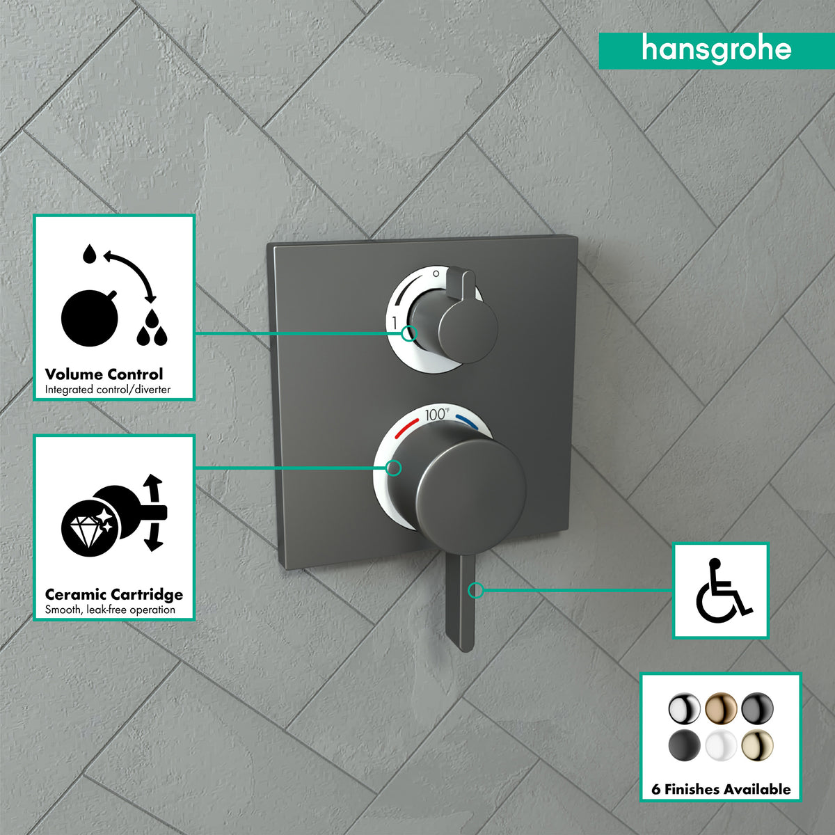 HANSGROHE 15714341 Ecostat Square Thermostatic Trim with Volume Control and Diverter - Brushed Black Chrome
