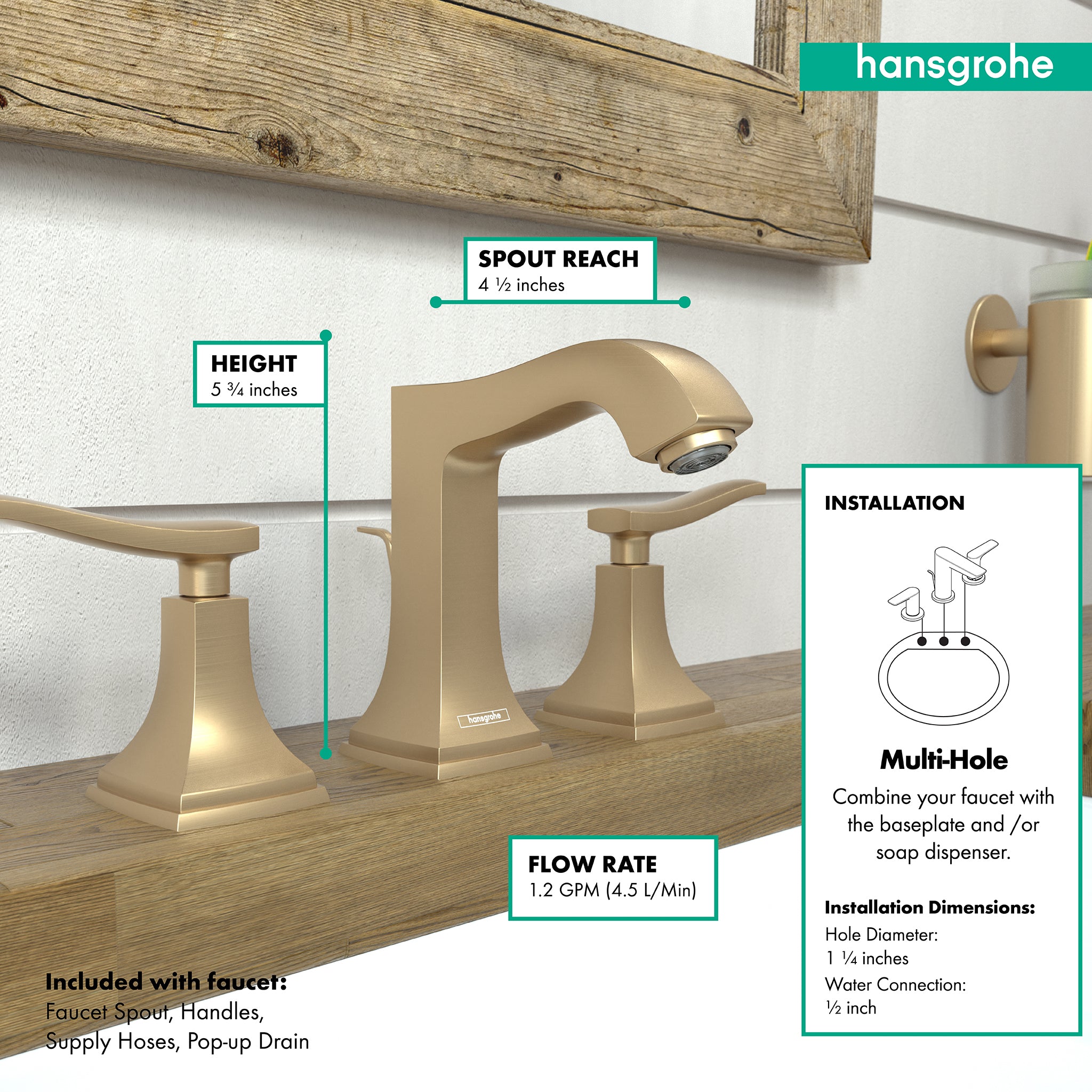 HANSGROHE 31330141 Metropol Classic Widespread Faucet 110 with Lever Handles and Pop-Up Drain, 1.2 GPM - Brushed Bronze