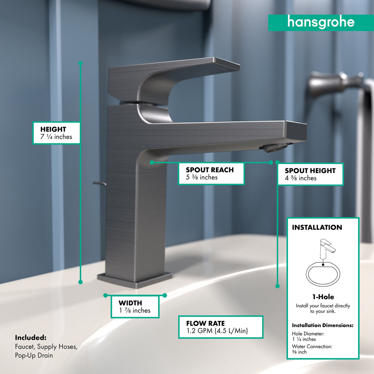 HANSGROHE 32506341 Metropol Single-Hole Faucet 110 with Lever Handle and Pop-Up Drain, 1.2 GPM - Brushed Black Chrome
