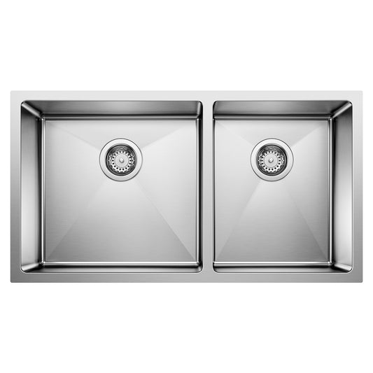 BLANCO 443150 Quatrus Quatrus R15 33" 60/40 Double Bowl Undermount Stainless Steel Kitchen Sink in Satin Polish