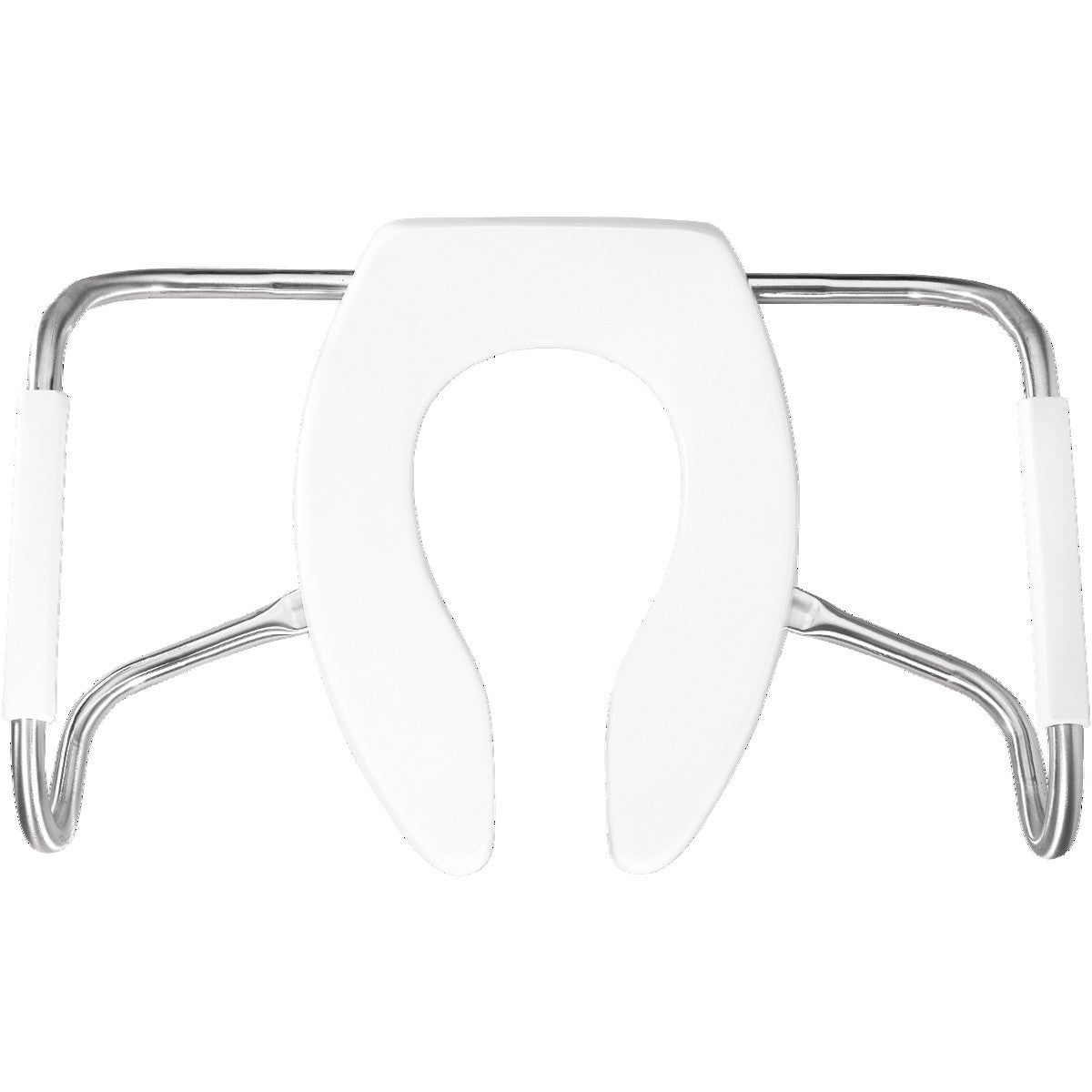 Bemis Elongated Open Front Less Cover Medic-Aid Plastic Toilet Seat in White with STA-TITE Commercial Fastening System, DuraGuard and Stainless Steel Safety Side Arms