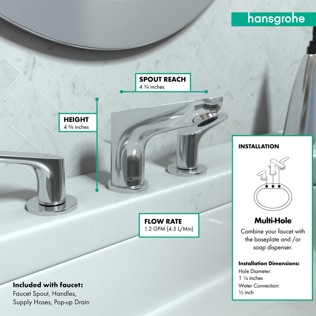 HANSGROHE 04369000 Focus Widespread Faucet 100 with Pop-Up Drain, 1.2 GPM - Chrome