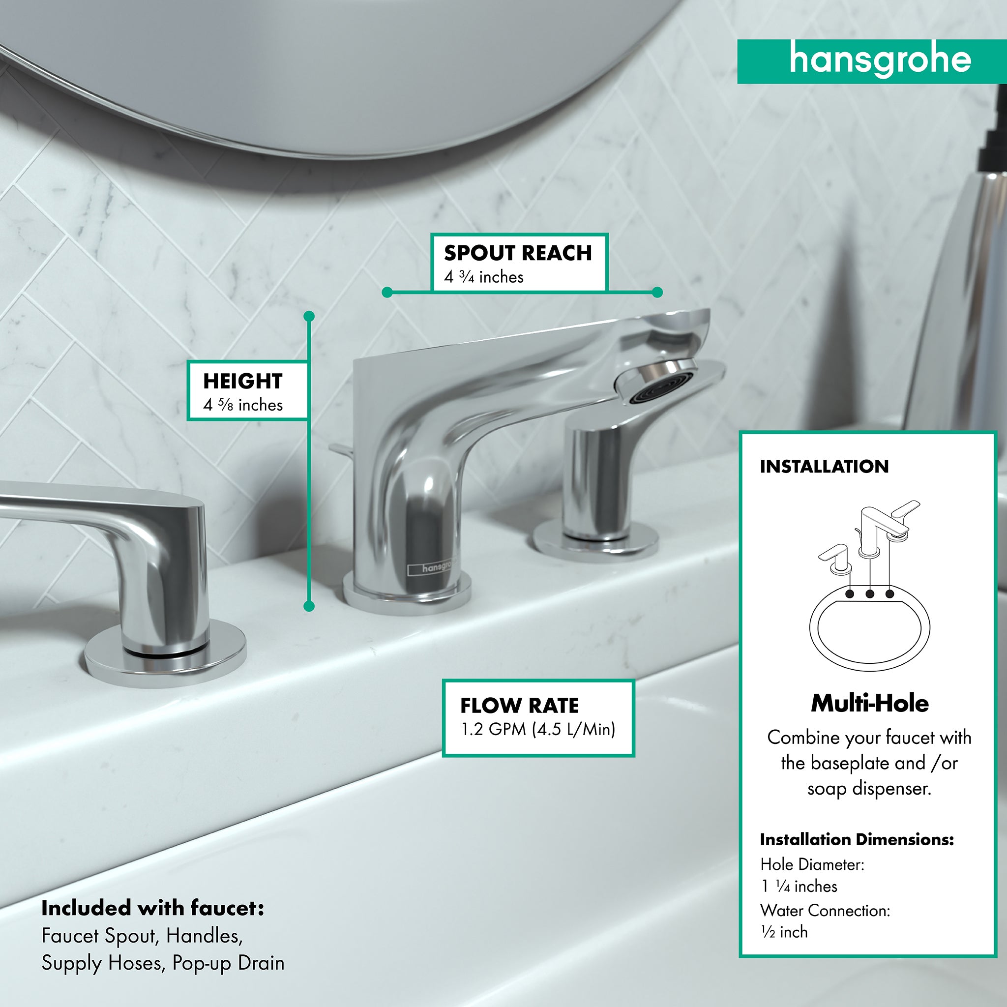 HANSGROHE 04369000 Focus Widespread Faucet 100 with Pop-Up Drain, 1.2 GPM - Chrome