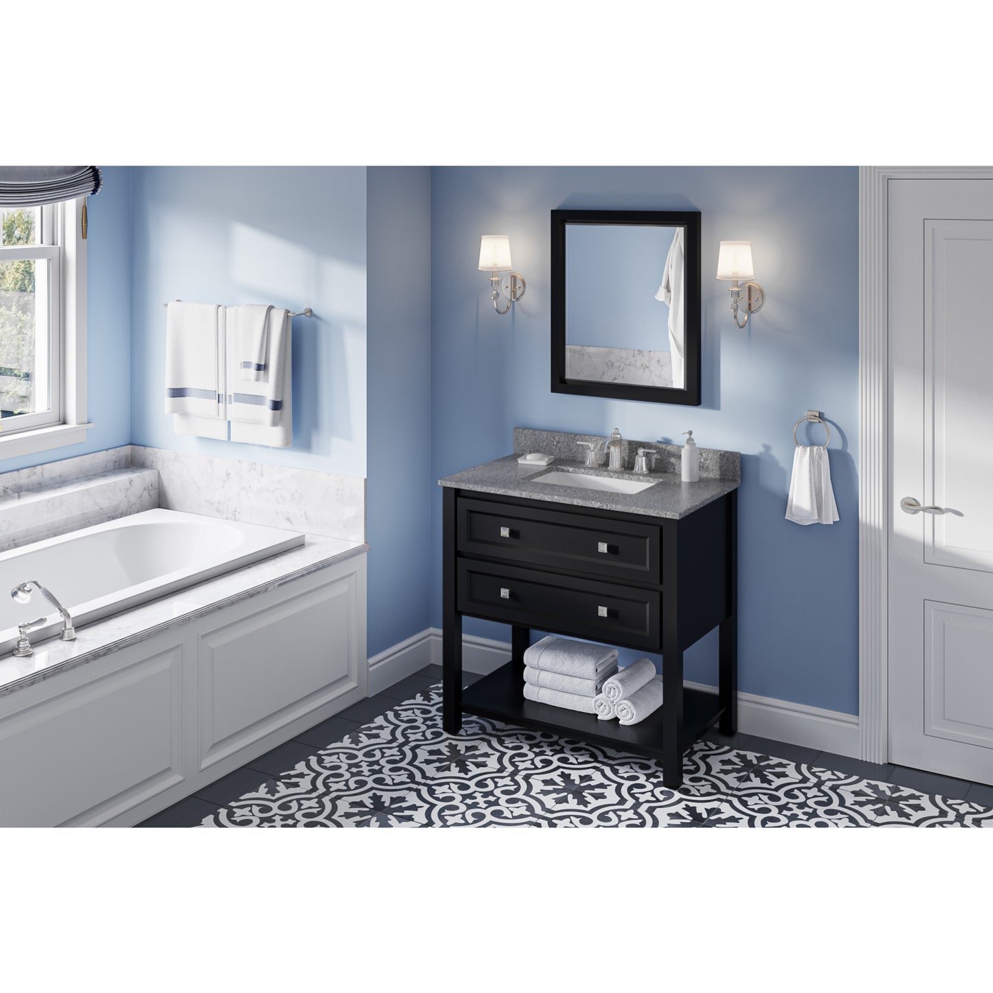 JEFFREY ALEXANDER VKITADL36BKBOR 36" Black Adler Vanity, Boulder Cultured Marble Vanity Top, undermount rectangle bowl - Black