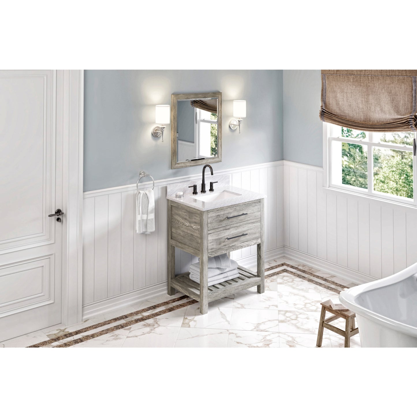 JEFFREY ALEXANDER VKITWAV30WGWCR 30" Weathered Grey Wavecrest Vanity, White Carrara Marble Vanity Top, undermount rectangle bowl , Weathered Grey